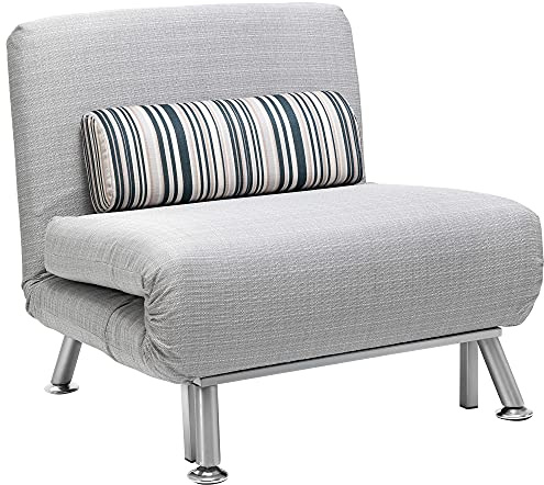 HOMCOM Poltrona Letto Singolo 3 in 1 con Schienale Reclinabile su 5 Livelli, Cuscino Imbottito e Materasso, Divano Letto Singolo Pieghevole per Soggiorno, in Acciaio e Lino, 75x70x75cm, Grigio Chiaro