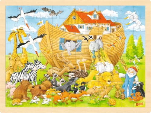 goki 57535 Einlegepuzzle Einzug in die Arche Noah aus Holz, Holzpuzzle mit Tieren und Arche, Lernspielzeug und Kinderpuzzle, fördert Fantasie und Motorik, 40cm x 30cm, 96er Set, ab 3 Jahre
