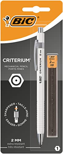 BIC Criterium Porte-Mines 2mm HB - Corps Noir ou Blanc, Blister de 1 + 6 Mines