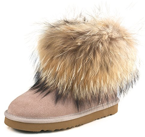 AUSLAND Genuine Suede Waterproof Boots for Women Furry Fur Winter Ankle Boots Warm Fluffy Snow Boot 7.5US Sand 99251 38EU