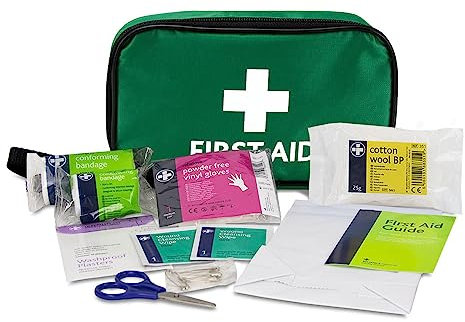 Reliance Medical - (REL416) Handy Travel First Aid Kit, Travel Pouch With, Bandages, Cotton Wool Balls, Gloves, Plasters, Safety Pins, Scissors, Slick Bag And Cleansing Wipes (Green)