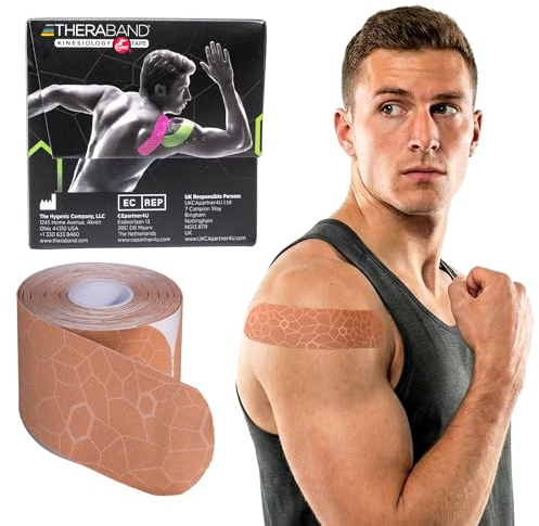 THERABAND Kinesiology Tape, Beige/Beige, 1 Roll, with XactStretch Indicators, Long-Lasting Athletic Tape for Shoulder, Back & Knee, Latex-Free & Water Resistant for Men and Women, Pre-Cut