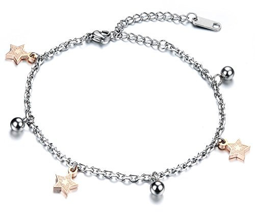 JewelryWe Schmuck Damen Armband Fußkette, Pentagramm Stern Glöckchen Charm Fußkettchen, Edelstahl, Rose Gold Silber