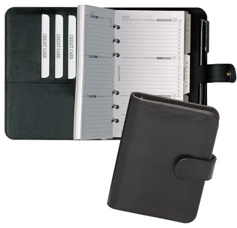 BIND 16501 Systemplaner A6 aus FINEtouch-Lederimitat, schwarzer Timeplaner, Mappe ca. 18,5 x 13 x 3,5 cm, Kalendermappe mit Systemeinlage mit Kalender 1 Woche=2 Seiten, Planer mit Druckverschluss