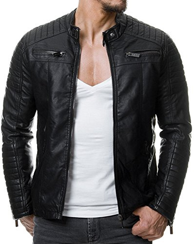 Redbridge Herren Jacke Übergangsjacke Biker Lederjacke Echtleder Kunstleder Baumwolle mit Gesteppten Bereichen, Schwarz - Kunstleder, M