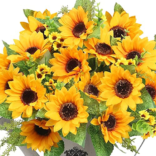 AmyHomie Artificial Sunflowers for Outdoors - 2 Bunches Fake Sunflower Bouquets with 14 Large Blooms, UV Resistant Silk Flowers for Home Wedding Fall Decor, Garden Party Centerpieces, 17.7 Inches