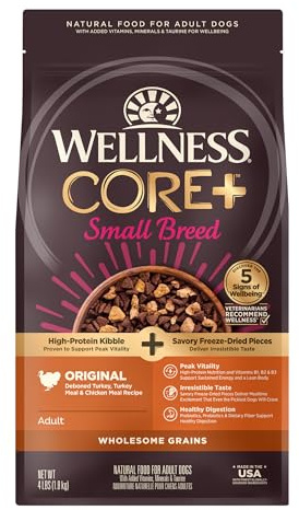 Wellness CORE+ Dry Dog Food with Freeze Dried Pieces, Small Breed, Wholesome Grains, High Protein, Natural, Original Turkey & Chicken Recipe, (4-Pound Bag)