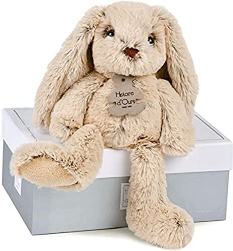 HISTOIRE D'OURS - Peluche Lapin avec Boîte Prestige - 25 cm - Collection Lapin Copain Câlin - Beige - Idée Cadeau Naissance et Anniversaire Filles Garçons - Doudou Enfant pour l'Éveil Tactile - HO2430