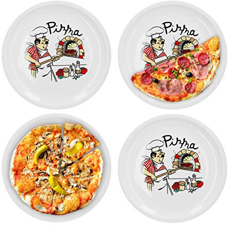 Van Well set di 4 piatti da pizza, grandi, Ø 30,5 cm, con motivo chef da cucina, accessori gastronomici, pasticceria per pizza, stoviglie in porcellana, piatti da grill, piatto da portata antipasti