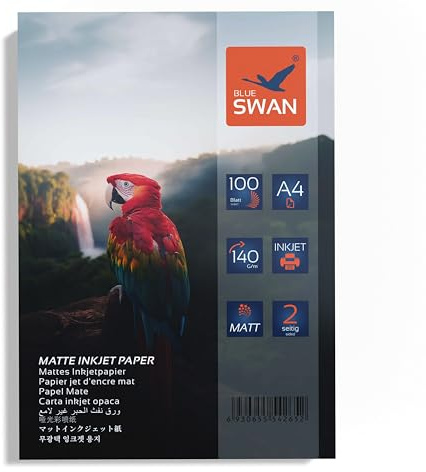 BLUE SWAN A4 Fotopapier matt 140 g/m² 100 Blatt – Doppelseitig bedruckbar mit matter Beschichtung, reflexionsarm, schnelltrocknend & farbbrillant – Für Poster, Broschüren, Präsentationen, Fotos