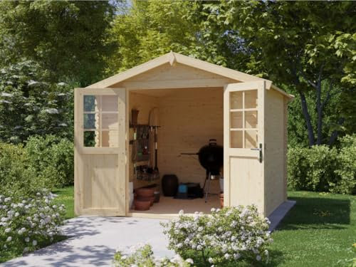 Woodtex Gartenhaus Gerätehaus aus aus Fichten-Holz mit 28 mm Wandstärke | Holzhaus Geräteschuppen Größe: 260 x 248 x 226 cm, Doppeltür mit Echtglas | Satteldach | Sockelmaß: 230 x 230 cm