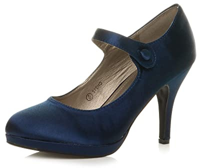 Womens Ladies mid high Heel Mary Jane Strap Evening Court Shoes Pumps, 3 UK, Navy Satin