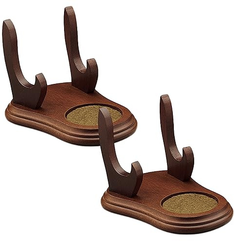 BANBERRY DESIGNS Tea Cup and Saucer Display Stand - Set of 2 Wood Holders for Collectible Teacup and Saucer Sets - Walnut Finish Single Cup/Saucer Display