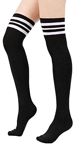Zando Womens Black Thigh High Socks with White Stripes Knee High Stockings