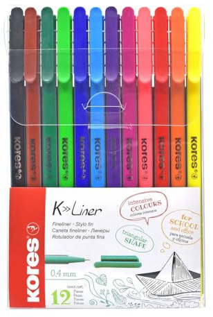 Kores K-Liner 0.4mm Coloured Fineliners - Precision Art Pens for Illustration, Revision Notes and Hand Lettering, Assorted Colours, Pack of 12