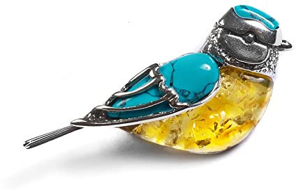Klassische silberne Blaumeisen-Brosche mit gelbem baltischen Bernstein und Türkis