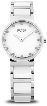 BERING Damen Quarz Uhr | Armbanduhr 29 mm silbernes Edelstahlgehäuse und weißes Zifferblatt | Edelstahlband mit Keramikelementen | 5 ATM | 10729-754