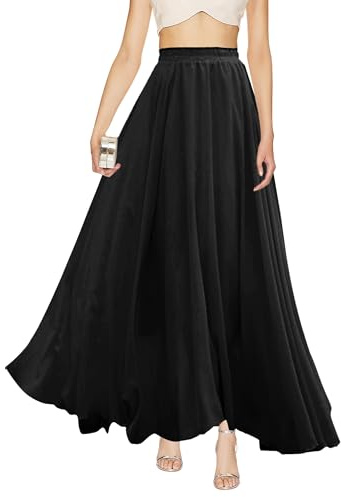v28 Women Full/Ankle Length Flowy Elastic Retro High Waisted Long Chiffon Maxi Skirt (M,Black)