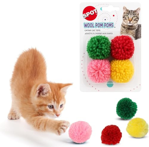 SPOT Wool Pom Poms Cat Toy - Interactive Wool Balls Cat Toy with Catnip for Cats and Kittens to Bite, Swat and Chase - 1.5 inch, 4 pcs