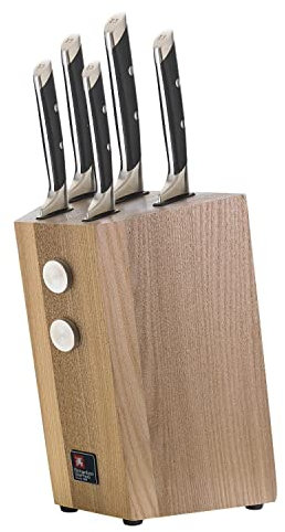 Richardson Sheffield R: VISION Messerblock Eschen-Holz, inklusive 5-teiliges Messer-Set, Allzweckmesser, Gemüsemesser, Kochmesser, Schinkenmesser & Brotmesser, extreme Härte, ergonomischer Griff