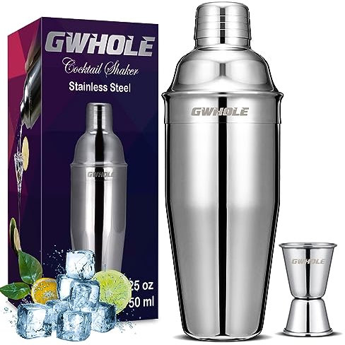 GWHOLE Coctelera de Cóctel Acero Inoxidable 750ml con Medidor Cocktail Kit Shaker Mojito Set de Bar Accesorios con Cóctel Recetas eBook