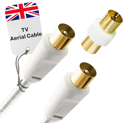 Coaxial TV Aerial Cable 2m - Male To Male Gold Plated RF Tv Cable with Adapter - Antenna AV Lead for Freeview, Freesat, Tv Antenna Extension - White Straight Connection