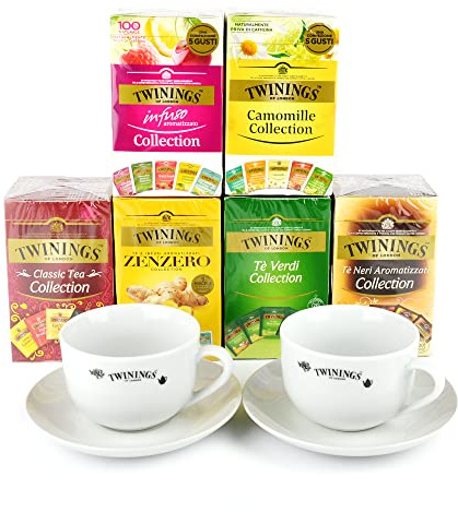 PZ 250 BUSTINE TE' + 2 TAZZE TWININGS CERAMICA +2 PIATTINI TISANE CAMOMILLE TWININGS EARL GREY TEA ENGLISH BREAKFAST INTENSE PREMIUM DETEINATO