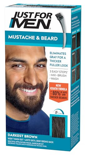 Just For Men Mustache & Beard, Beard Coloring for Gray Hair with Brush Included, With Keratin Biotin Aloe and Coconut Oil for Healthy Facial Hair - Darkest Brown, M-50 (Packaging May Vary)