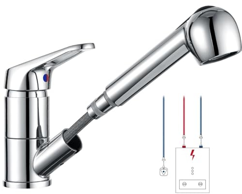 Schläfer - Miscelatore Lavello Cucina con Doccia Estraibile Bassa Pressione 5008014 per Boiler, Rubinetto in Ottone Serie Como Bocca Bassa Girevole 360° Professionale Cromo, adatto a Camper e Roulotte