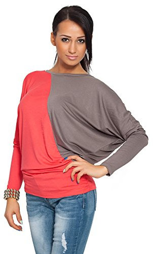FUTURO FASHION - Damen Oberteil mit Fledermausärmeln - langärmlig - Color-Blocking - Kimono-Stil - 6042 - Cappuccino-Koralle - 36/38 (M)