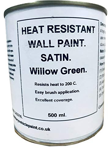 1 x 500ml Satin Willow/Light Green Heat Resistant Wall Paint. Wood Burner Stove Alcove. Brick, Concrete, Plaster, Cement Board, Rendering, Metal, Timber etc.