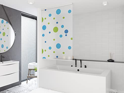 Shower Curtain Roller Blind 120cm wide x 240cm Drop, With Blue & Green Circles Design, Waterproof
