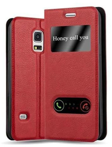 Cadorabo Hülle kompatibel mit Samsung Galaxy S5 MINI / S5 MINI DUOS in Safran ROT - Schutzhülle mit Magnetverschluss, Standfunktion und 2 Sichtfenstern
