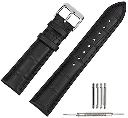 TStrap Leather Watch Straps 20mm - Soft Black Alligator Embossed Watch Bands Replacement - Military Watch Straps for Men Women - Smart Watch Bracelet Belt Clasp Buckle