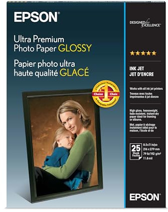 Epson Ultra Premium Photo Paper Glossy, Letter, 8.5 x 11, 25 Sheets (S042182), White