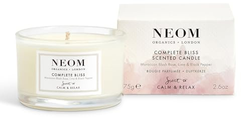 NEOM- Complete Bliss Scented Candle, Travel Size | Blush Rose, Lime & Black Pepper | Essential Oil Aromatherapy Candle | Scent to De-Stress
