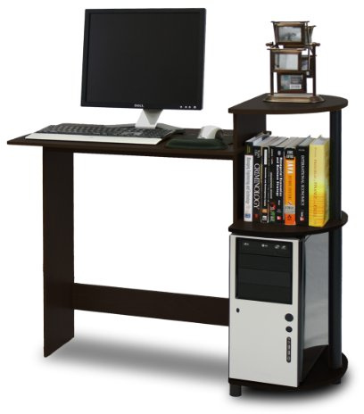 Furinno Compact Computer Desk, Study Desk with Shelves, Espresso/Black