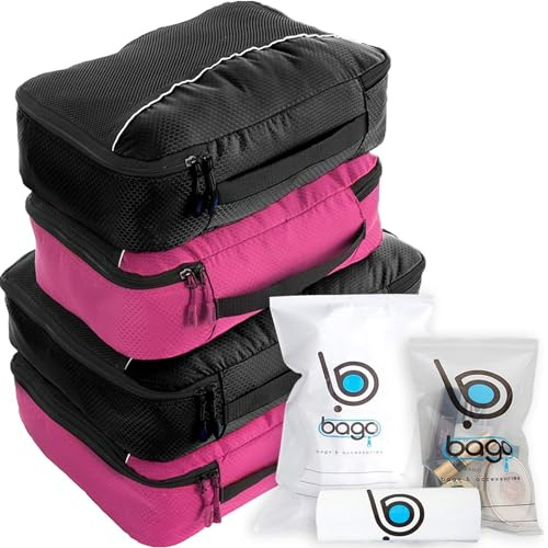 bago 7 st packkuber för resor – 4 packkuber med 3 zipLock väskor – resekuber för att få maximal förvaring, spara tid och ansträngning att packa – lycklig resa, 2 svart + 2 rosa, 4 st set, PCN-2 svart
