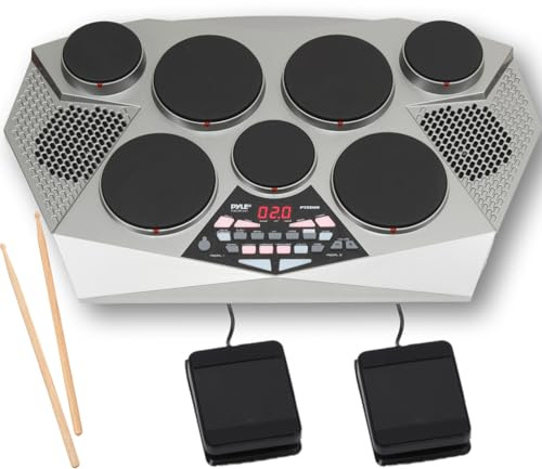 Pyle Pro Electronic Drum kit - Portable Electric Tabletop Drum Set Machine with Digital Panel, 7 Drum Pad, Hi-Hat / Kick Bass Pedal Controller USB AUX -Tom Toms, Hi-Hat, Snare Drums, Cymbals - PTED06
