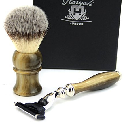 Mens Classic Synthetic Hair Shaving Brush Stimulated Horn Handle & 3 Edge Razor with Horn Handle Perfect Shaving Gift Set