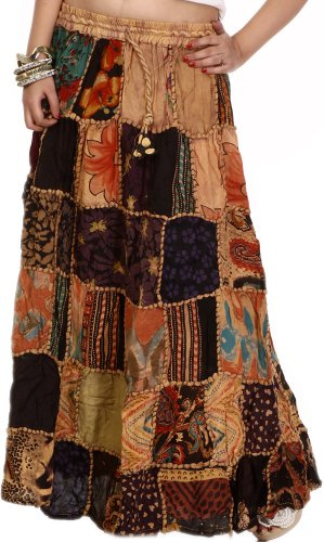 Exotic India Long Printed Dori Skirt from Gujarat with Patch Work - Rayon - Color Beige