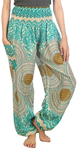 Lofbaz Harem Pants for Women Hippie Boho Festival Clothing - Bohemian Trousers for Yoga Beach Summer - Smocked Waist with Pockets - Rose 3 Green M