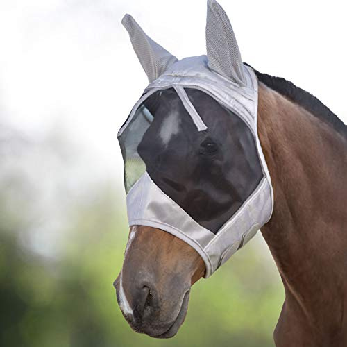 Harrison Howard Caremaster Masque Anti-Mouches intégral pour Cheval Protège Visage Nez et Oreilles Polaire en Nylon rembourré Protection UV, Argenté Brillant