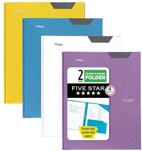 Five Star 2 Pocket Folders, 4 Pack, Plastic Folders with Stay-Put Tabs and Prong Fasteners, Holds 8-1/2” x 11 Paper, Writable Label, Tidewater Blue, White, Amethyst Purple, Harvest Yellow (38064)