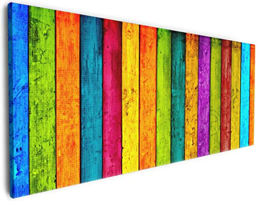Wallario XXL Leinwandbild Buntes Holz - Bunte Streifen mit Farbe und Holzstruktur - 60 x 150 cm Brillante lichtechte Farben, hochauflösend, verzugsfrei