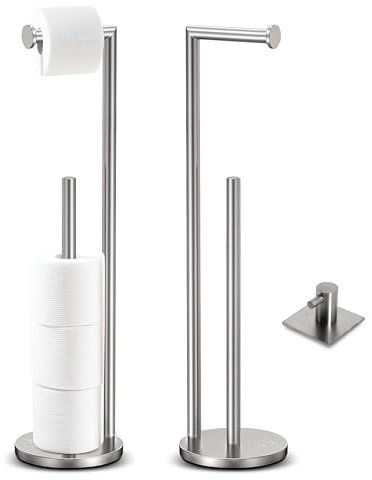 CD Toilet Roll Holder Free Standing Stainless Steel – Chrome Finish Toilet Paper Holder Stand with Heavy Stable Base, Rustproof & Easy Assembly, Silver (with Additional Wall Hook)