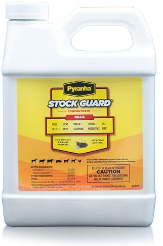 PYRANHA Stock Guard Concentrate - Livestock, Barn, Milk Rooms, Dairies, Poultry & Swine Houses Indoor Fly Control | Repels Flies, Lice, Ticks, Beetles, Mites, Gnats, 64 Oz