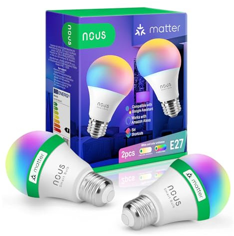NOUS P3 Smarte WIFI Glühbirne RGB E27, Kompatibel mit Matter, Alexa, Home Assistant & Apple HomeKit, Smart Home, Fernbedienung, LED Lampe Farbwechsel, RGB Glühbirne, 2.4 GHz WiFi