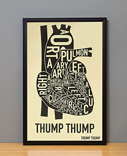 Framed Heart Typographic Anatomy Diagram Art Screen Print, Tan & Black, 11 x 17 in Black Frame