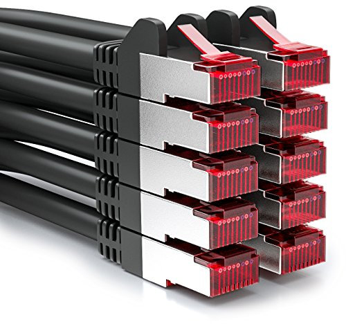 deleyCON 10x 1m Cavo Patch CAT6 PIMF S/FTP Schermatura CAT-6 RJ45 Cavo di Rete Cavo Ethernet LAN DSL Interruttore Router Modem Punto di Accesso - Nero